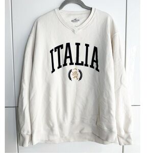 Hollister Italia Sweatshirt Size Small Cream V neck Velvet Letters